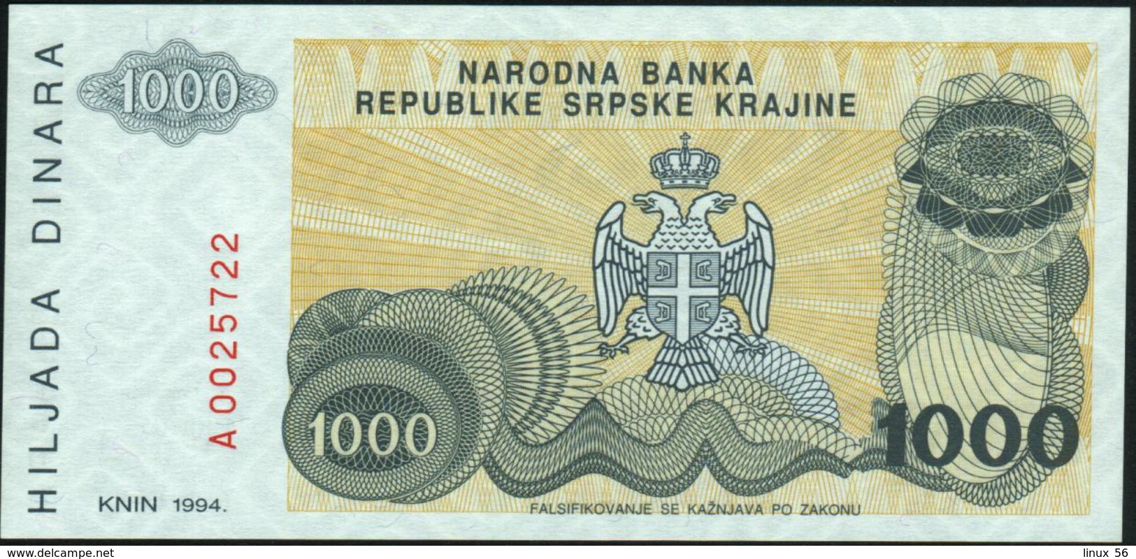 CROATIA - 1.000 Dinara 1994 {Knin} UNC P. R30 - Croatia