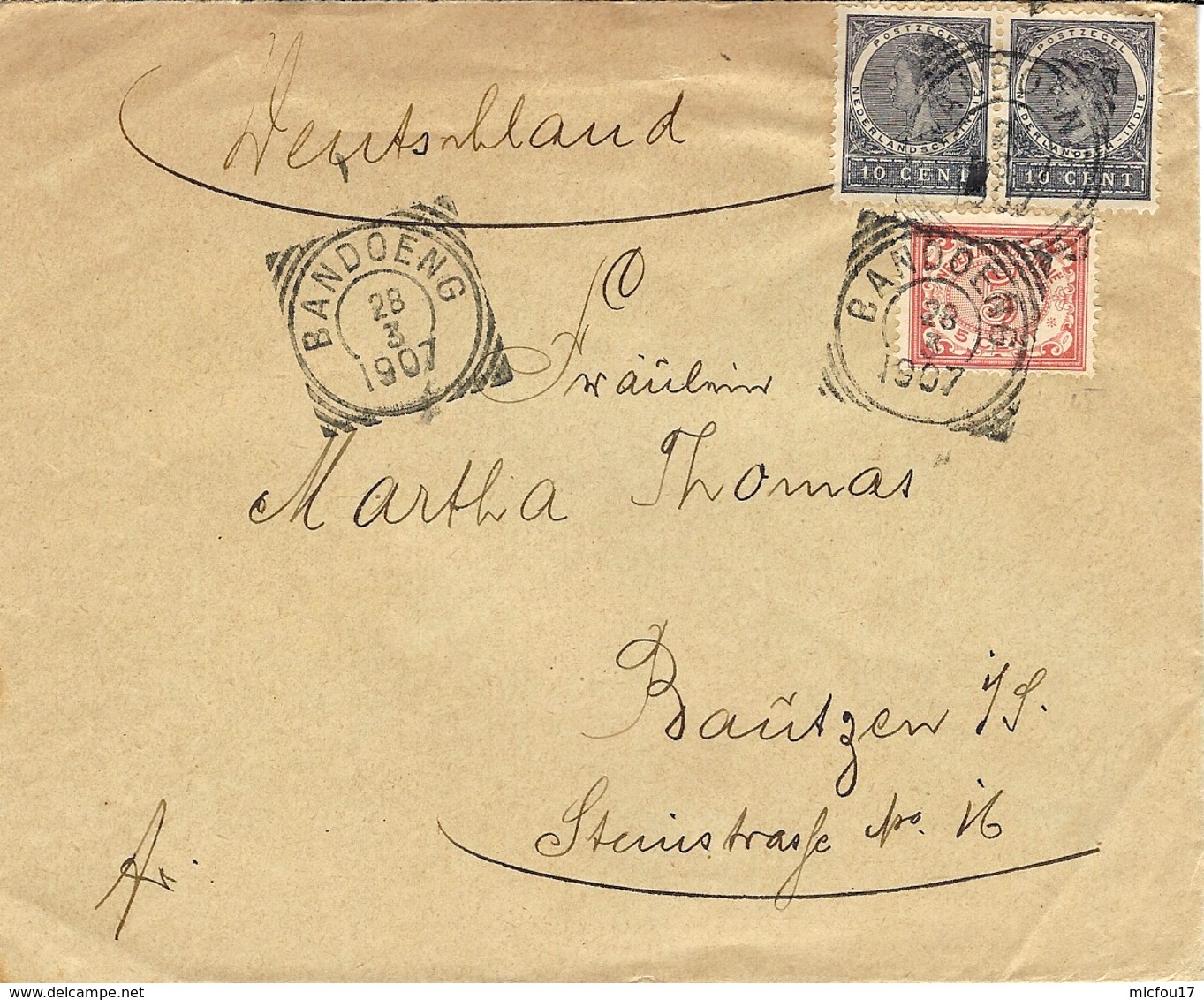 1907- Cover From BANDOENG ( Squared Circle ) Fr. 25 Cents  To Bautzen - Niederländisch-Indien