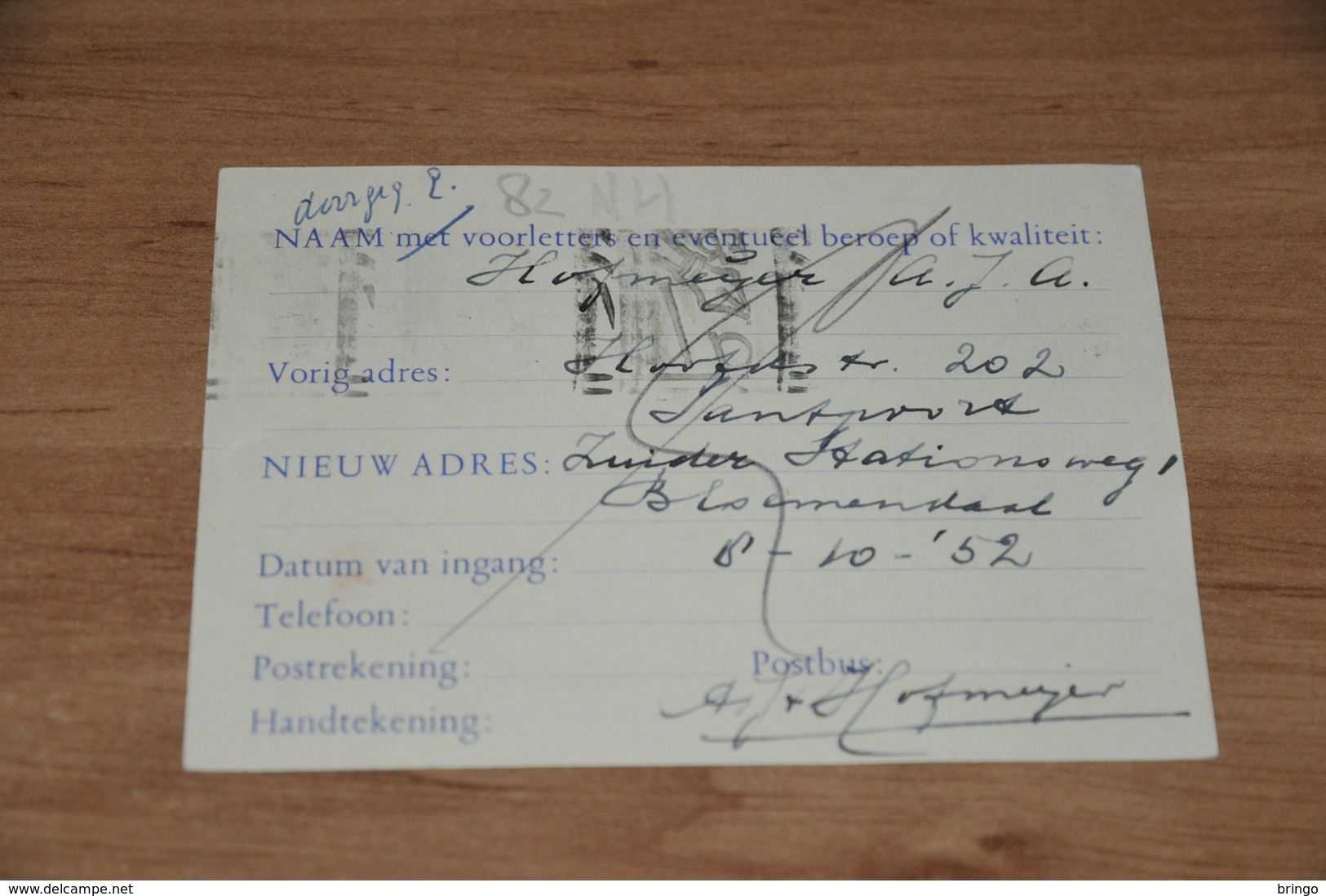 82-   FORMULIER TOT MEDEDELING VAN ADRESWIJZIGING UIT BLOEMENDAAL - 1952 - Andere & Zonder Classificatie