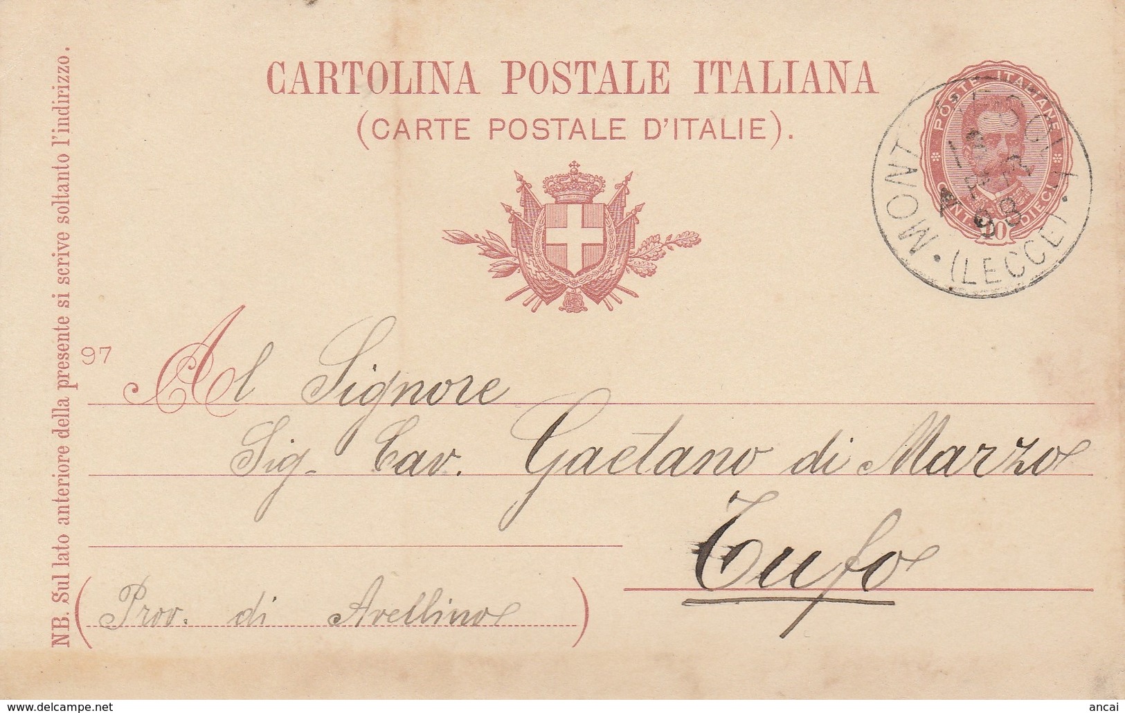 Montemesola. 1898. Annullo Grande Cerchio MONTEMESOLA (LECCE), Su Cartolina Postale Completa Di Testo - Storia Postale