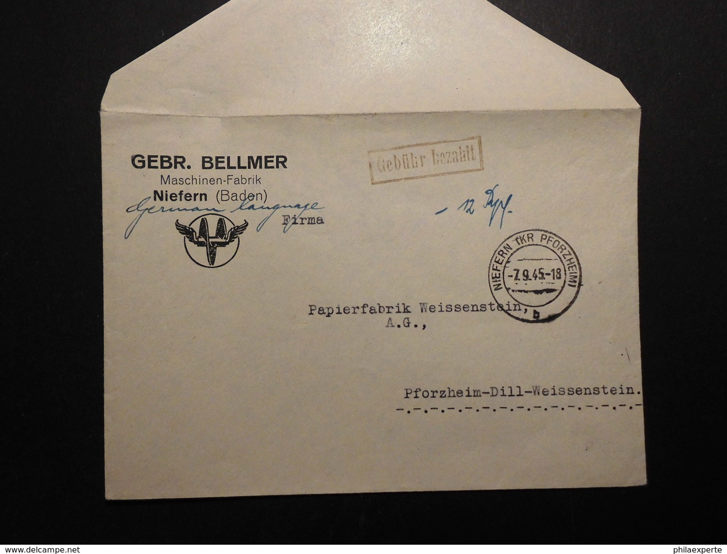 Bizone Gebühr Bezahlt RA + Handschriftlich Firmenbrief  Niefern 7.9.1945 Nach Pforzheim - Other & Unclassified