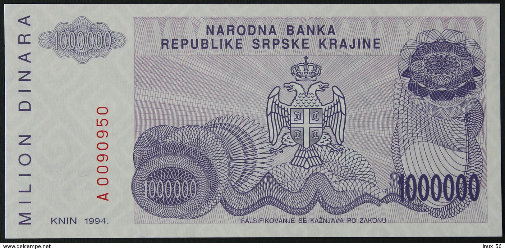 CROATIA - 1.00.000 Dinara 1994 {Knin} UNC P. R33 - Croatia