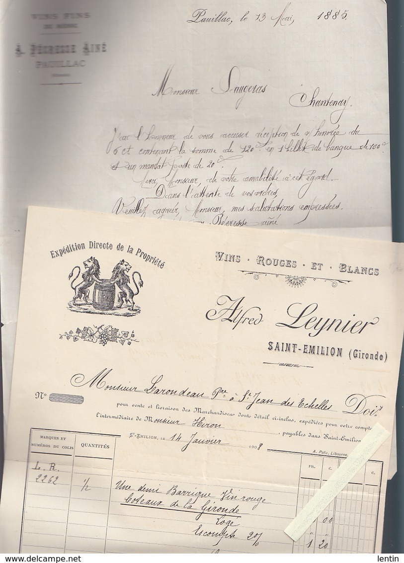 Vins Du Médoc / Pécresse à Pauillac 1885 Et Alfred Leynier à Saint émilion 1908  / Autographes - 1800 – 1899