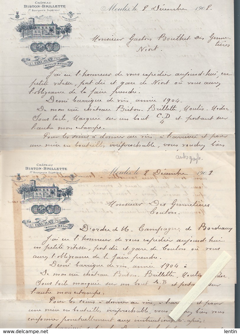 Vins Du Médoc / Chateau Biston Brillette, Moulis, U.Daurat / 2 Lettres Autographes, Conseils Viticoles - 1900 – 1949