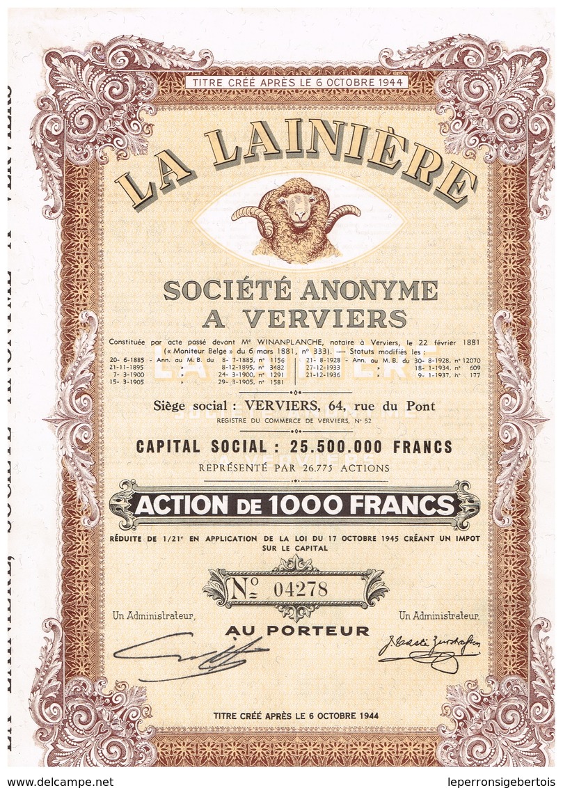 Titre Ancien - La Lainière Société Anonyme à Verviers - Titre De 1945 - Textile