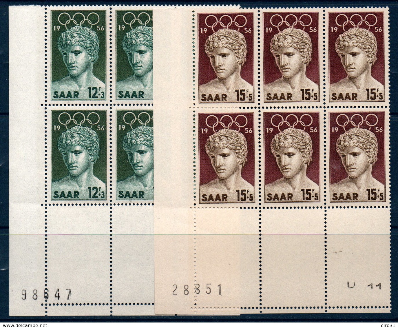 SARRE 1956 Jeux Olympiques De Melbourne Blocs De 6 Coin De Feuille   N° YT 353-354 ** MNH - Neufs