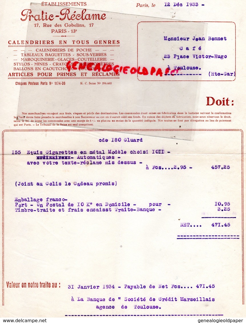 75- PARIS- RARE FACTURE PRATIC RECLAME- CALENDRIERS CALENDRIER-17 RUE GOBELINS- 1933 - Druck & Papierwaren
