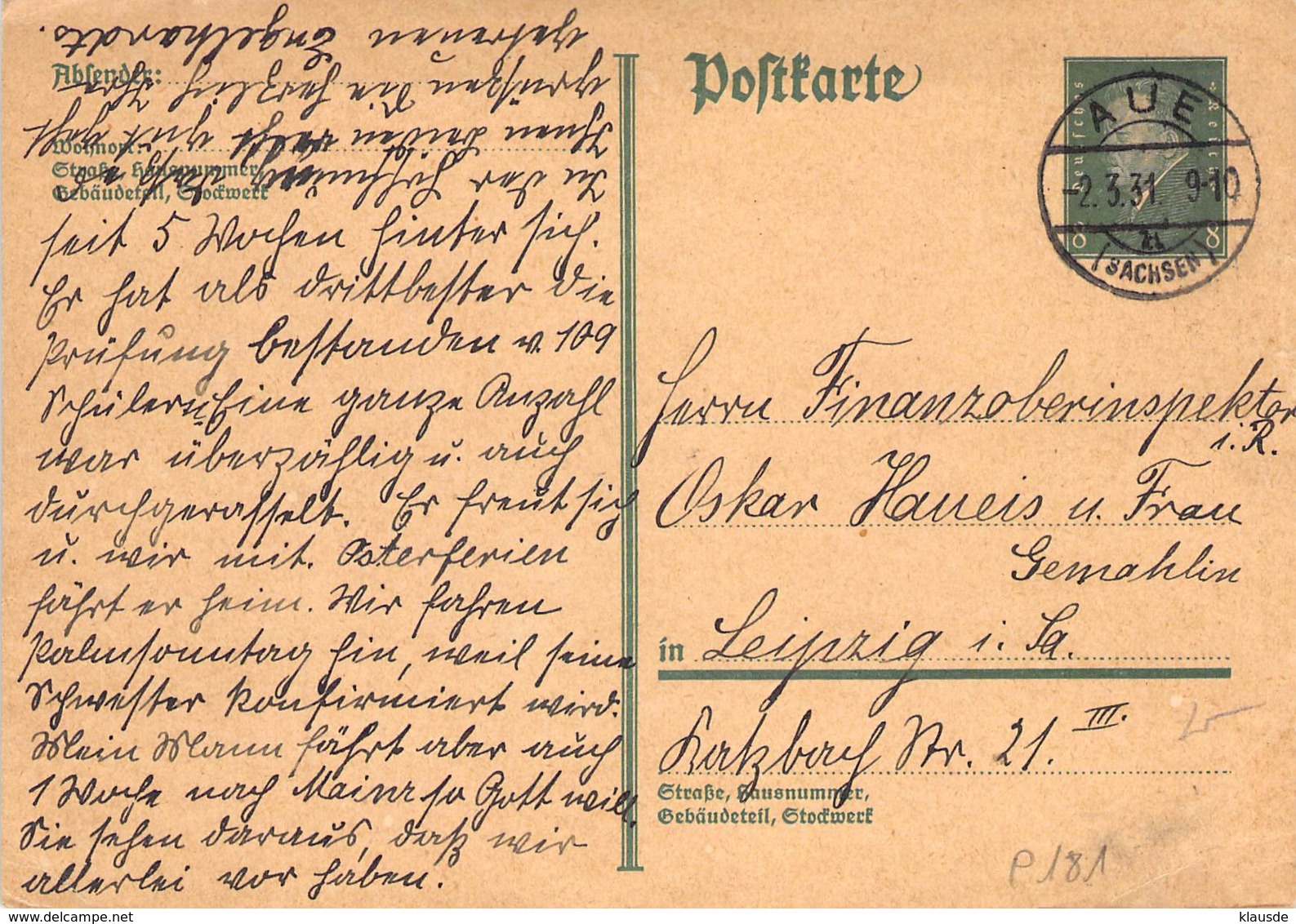 MiNr. P181 Ortsstempel Aue (Sachsen) 1931 - Postkarten