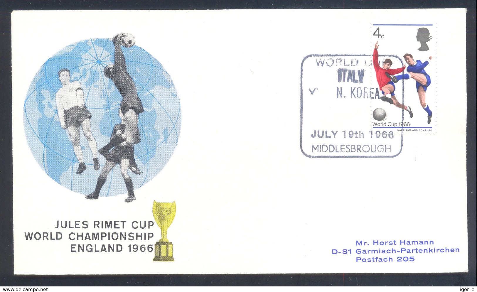 England UK 1966 Cover: Football Fussball Soccer; FIFA World Cup 1966 Jules Rimet Cup; Italy - N. Korea - 1966 – Inglaterra