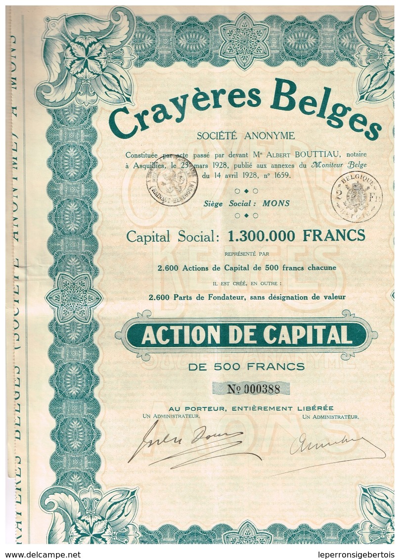 Titre Ancien - Crayères Belges Société Anonyme - Titre De 1928 - Mines