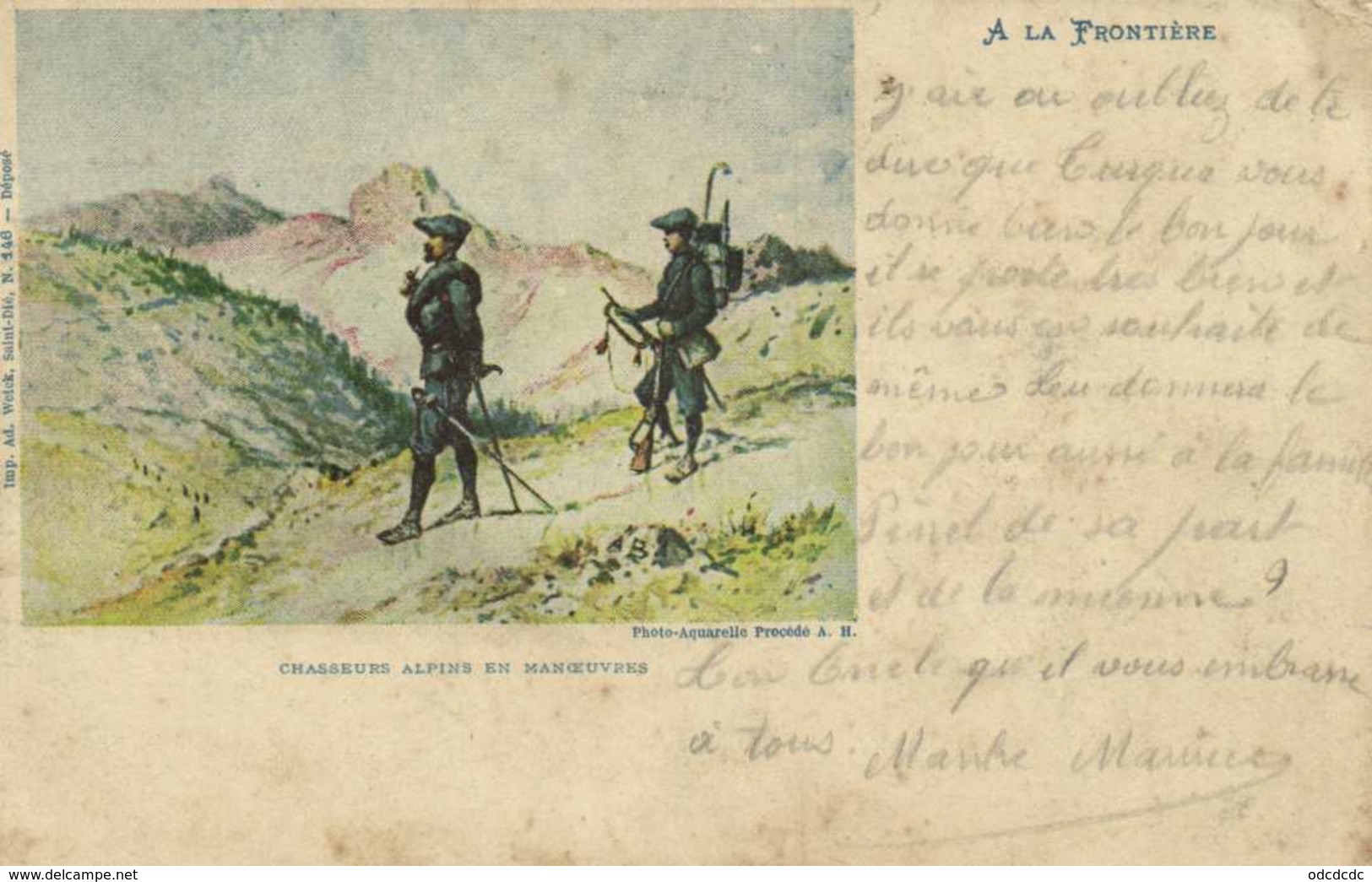 Militaria Illustrateur A LA FRONTIERE  Chasseurs Alpins En Manoeuvre RV  Cachet Tresor Et Postes 44 - Manoeuvres