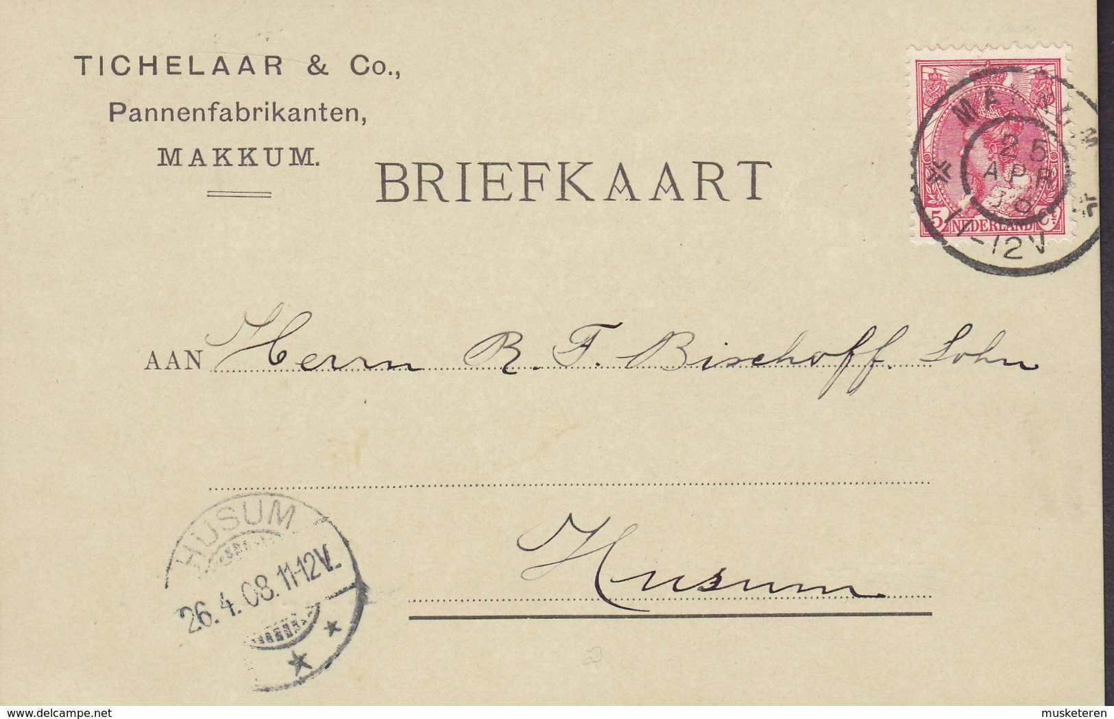 Netherlands TICHELAAR & Co. Pannenfabrikanten, MAKKUM 1908 Card Karte HUSUM Holstein Germany (2 Scans) - Brieven En Documenten