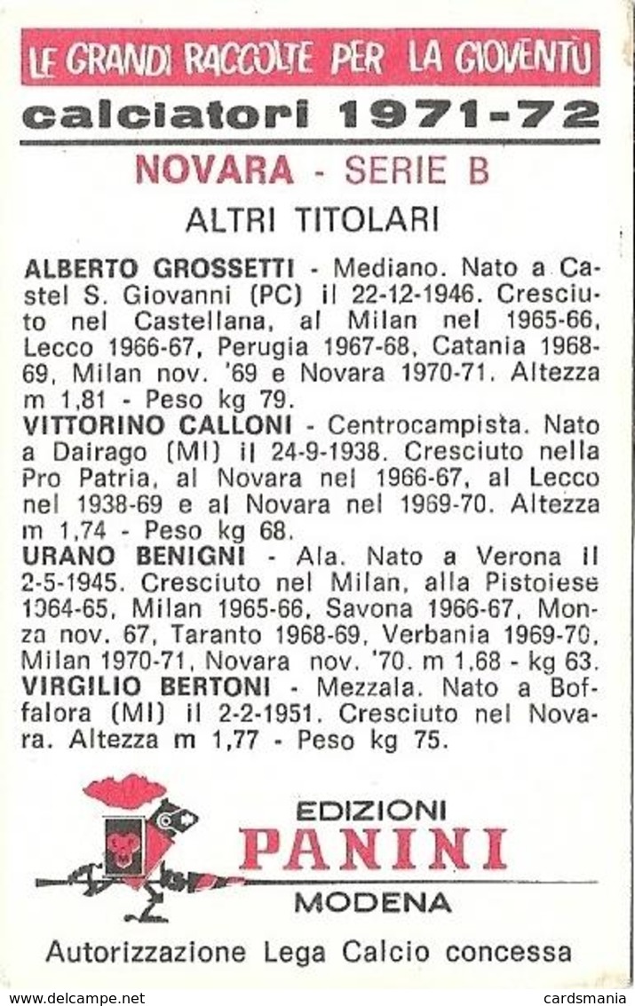 GROSSETTI/CALLONI/BENIGNI/BERTONI NOVARA PANINI 1971/72 Nuova - Edizione Italiana