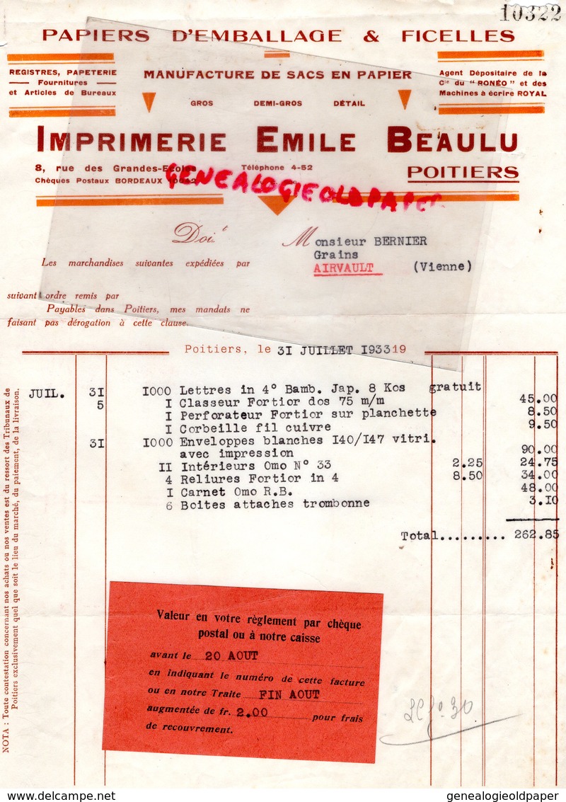 86- POITIERS- FACTURE IMPRIMERIE EMILE BEAULU- PAPIERS EMBALLAGE MANUFACTURE SACS PAPIER-8 RUE GRANDES ECOLES-1933 - Printing & Stationeries