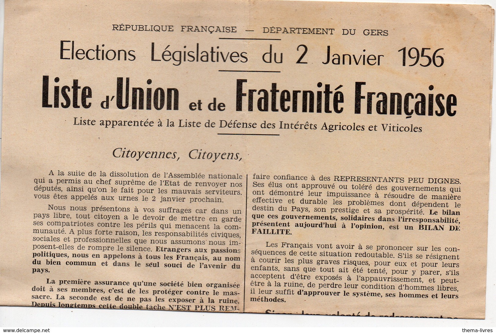 (32 Gers) Déclaration UNION ET FRATERNITE FRANCAISE Législatives 1956 (PPP17983) - Non Classés