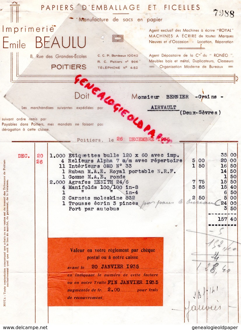 86 - POITIERS- FACTURE EMILE BEAULU-IMPRIMERIE EMBALLAGES FICELLES- MANUFACTURE SACS PAPIER-8 RUE GRANDES ECOLES-1935 - Druck & Papierwaren