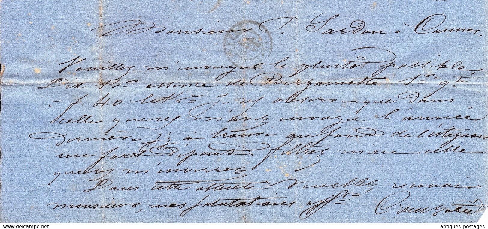 Lettre Cannes Var 1857 Paulin Sardou Toulouse Haute Garonne Crouzatié Parfum Parfumeur