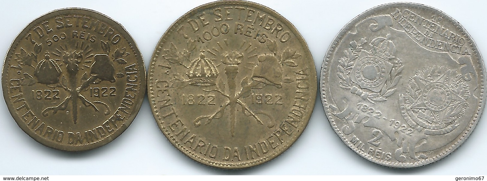 Brazil - Undated (1922) Independence Centennial - 500, 100 & 200 Réis (KMs 521-523) - Brésil