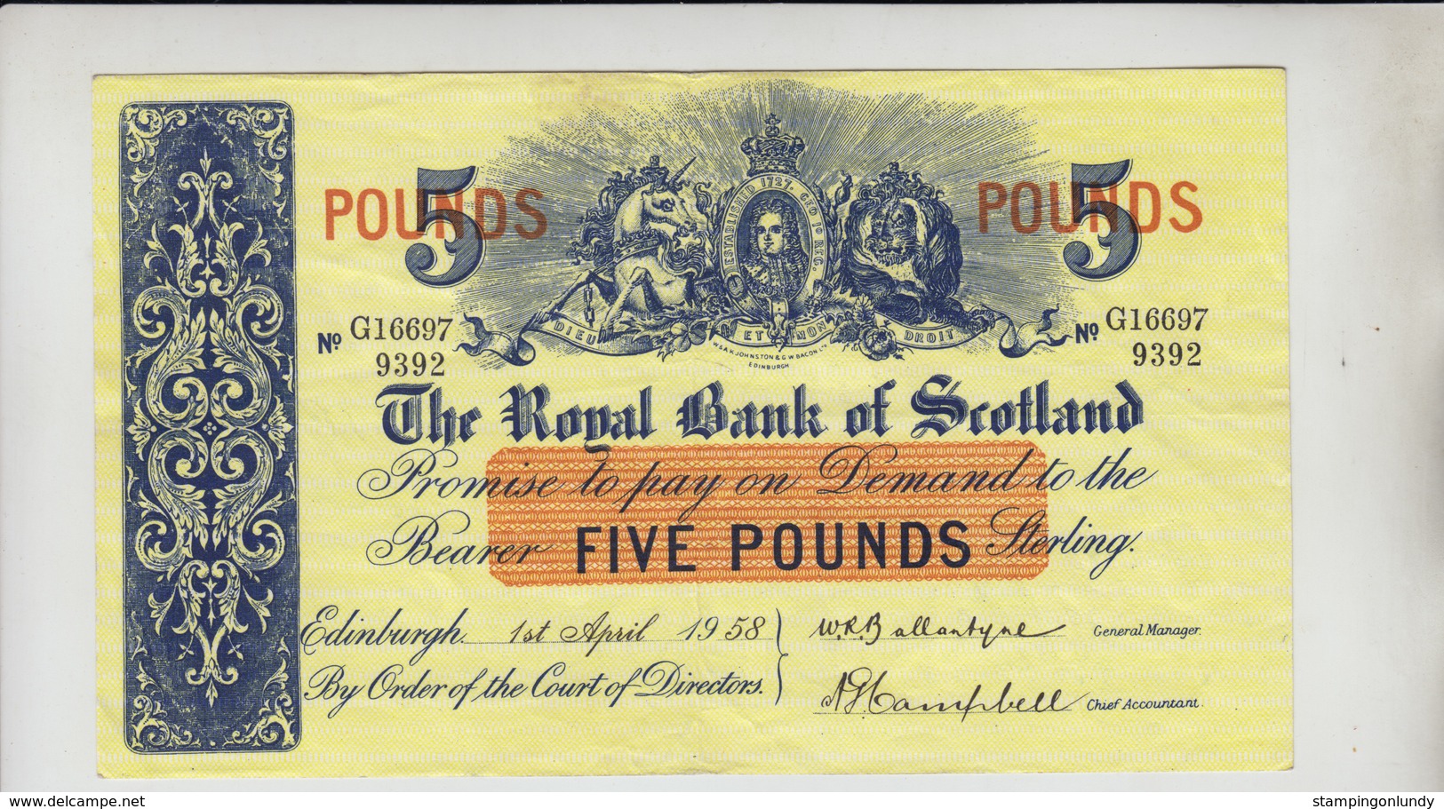 AB303. The Royal Bank Of Scotland Plc £5 Banknote 1st April 1958 #G16697/9392 FREE UK P+P - 5 Pounds