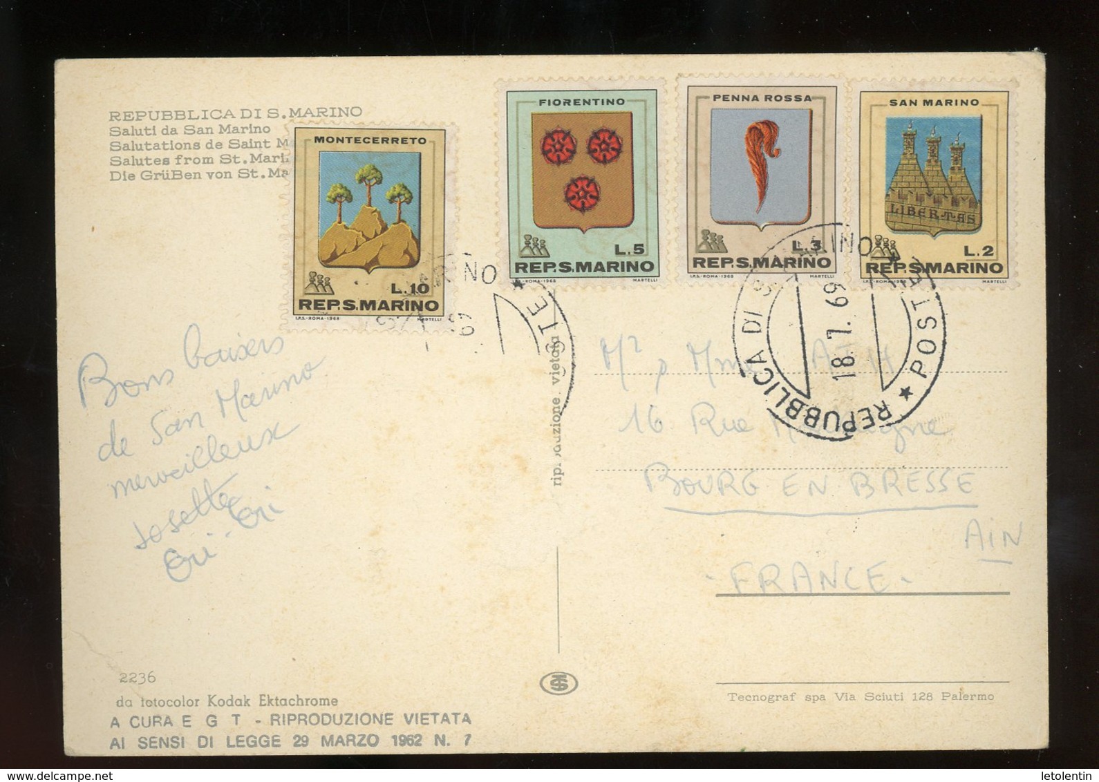 SAINT MARIN - DIVERS -  N° Yt  710+711+712+713 SUR CARTE POSTALE DE 1969 POUR LA FRANCE - Lettres & Documents