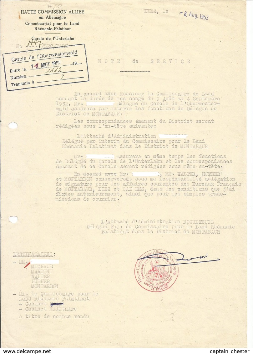 Haute Commission Alliée En Allemagne - Intérim Du District De Montabaur, Cercle D'Unterlahn 1952 - Documents