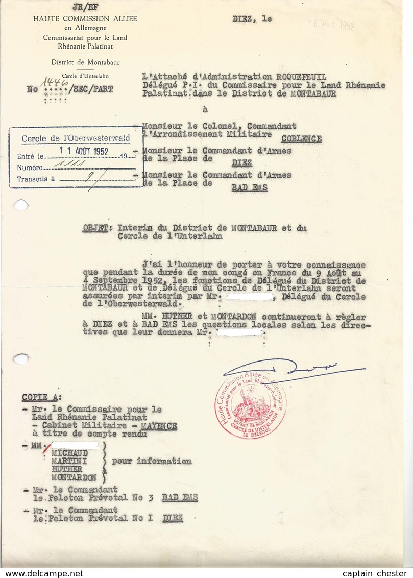 Haute Commission Alliée En Allemagne - Note De Service Intérim Du District De Montabaur 1952 - Documents