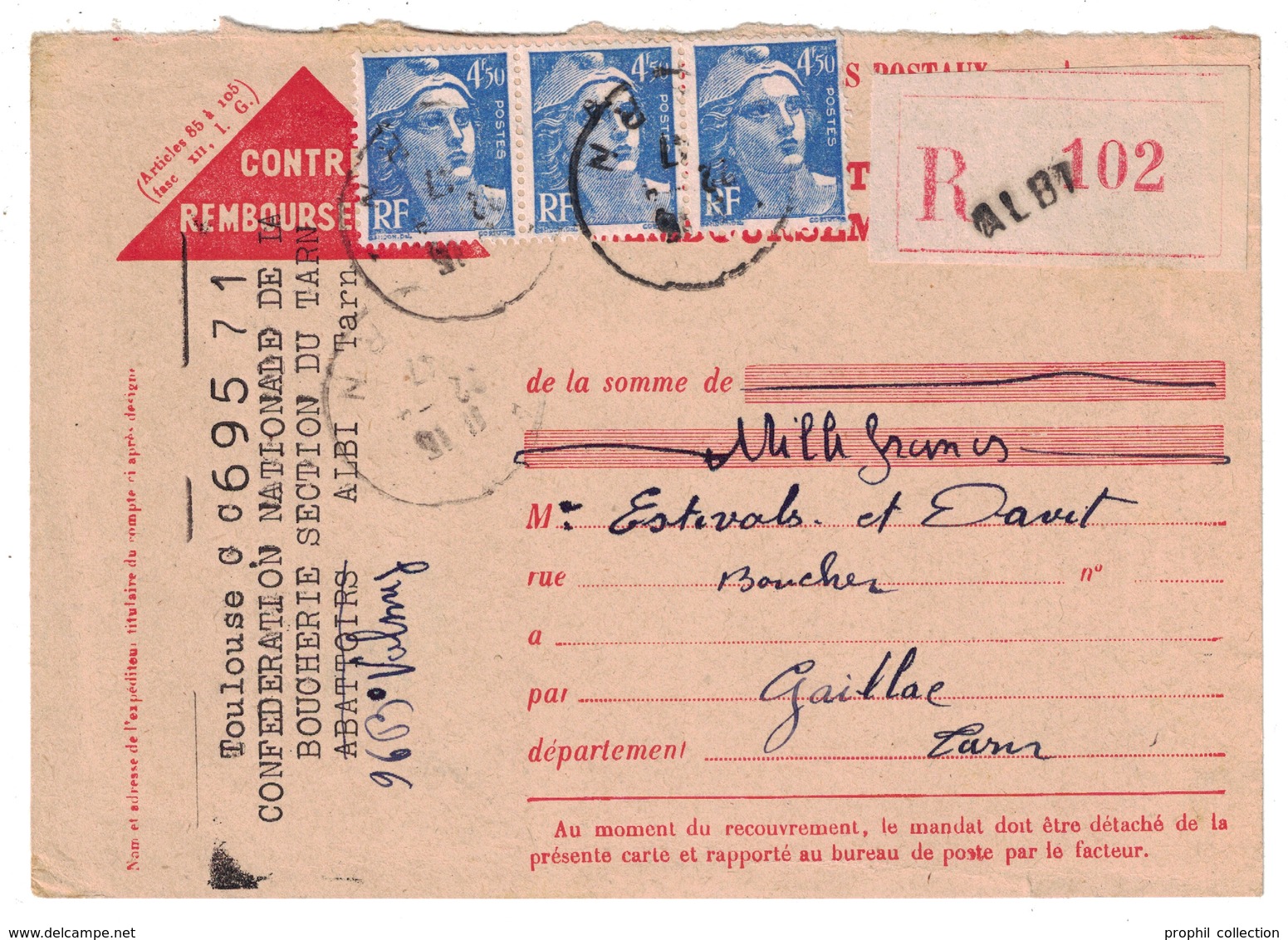 1947 - GANDON 4F50 X 3 Sur CARTE RECOMMANDÉE CONTRE REMBOURSEMENT GRIFFE ALBI (TARN) Pour GAILLAC - 1921-1960: Periodo Moderno