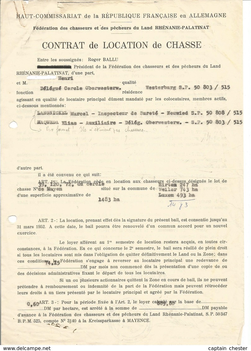 Contrat De Location De Chasse 1951 - Haut Commissariat De La République Française En Allemagne - Non Classés