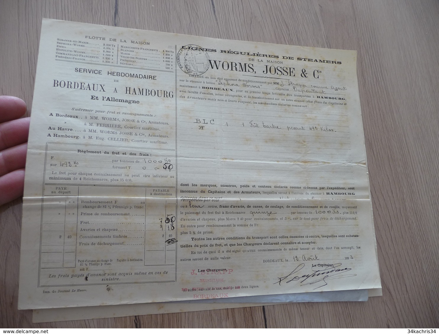 Connaissement Worms Joss Steamers  Bordeaux 12/08/1893  Hamourg Tartre - Verkehr & Transport