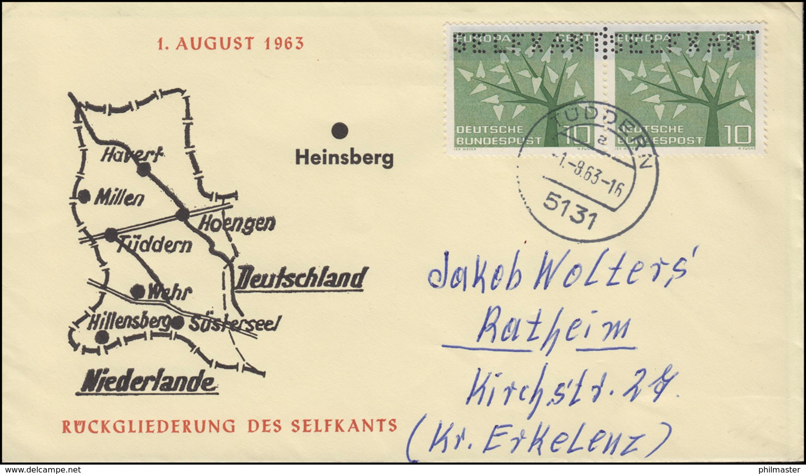 Rückgliederung Des Selfkant 1. August 1963 Schmuck-Brief Mit 383 Mit Lochung - Sonstige & Ohne Zuordnung