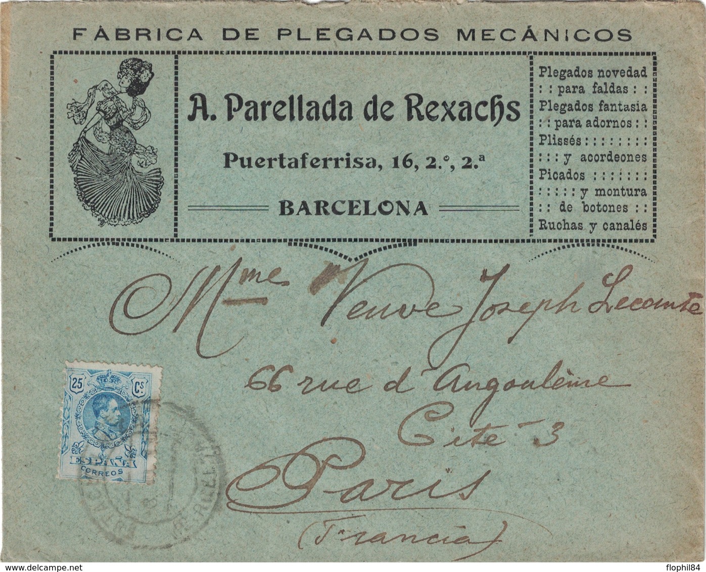 ESPAGNE - BARCELONA - ENVELOPPE PUBLICITAIRE - FABRICA DE PLEGADOS MECANICOS - 10-7-1911. - Lettres & Documents