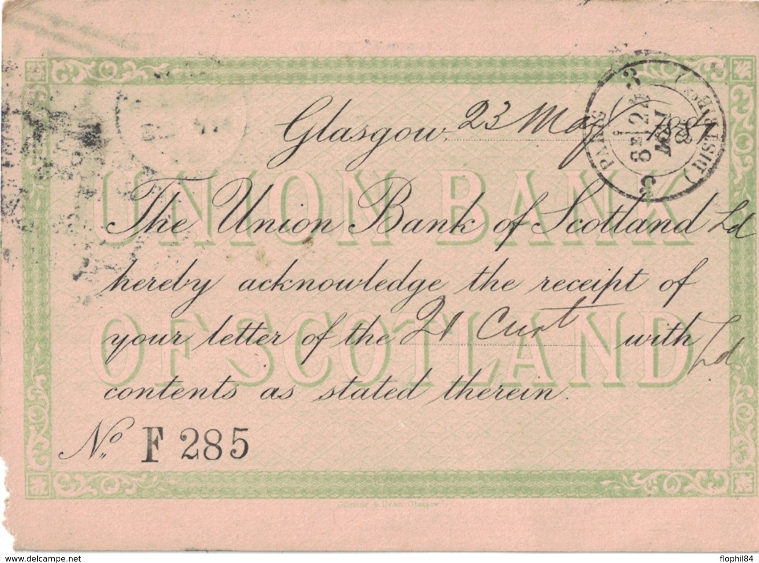 GRANDE BRETAGNE - GLASGOW - ENTIER POSTAL AVECREPIQUAGE UNION BANK EN 1884. - Brieven En Documenten