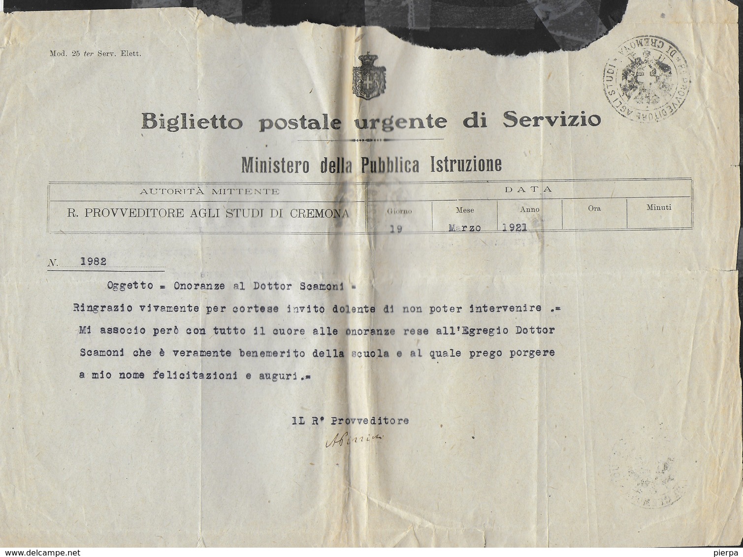 BIGLIETTO POSTALE URGENTE DI SERVIZIO - DA PROVVEDITORE CREMONA 19.03.1921 - MOD 25ter SERV. ELETT. - Altri & Non Classificati