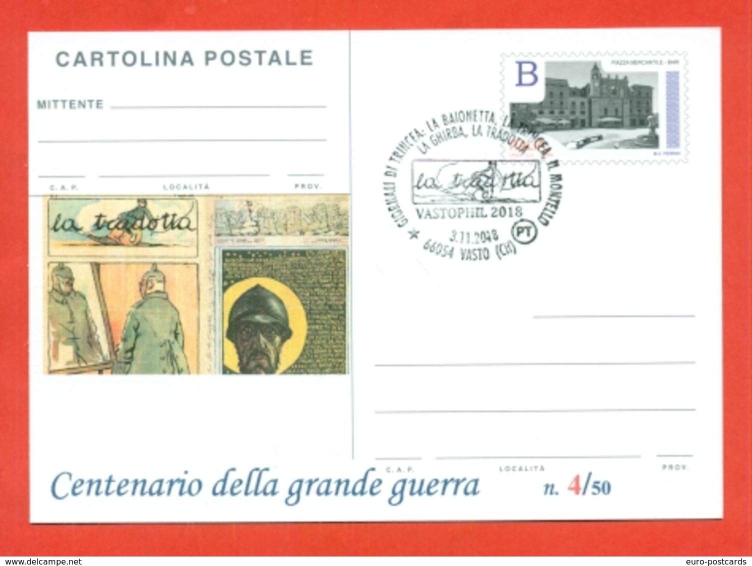 INTERI POSTALI-CARTOLINA POSTALE SOPRASTAMPA PRIVATA-MILITARII-MARCOFILIA-VASTO-CENTENARIO DELLA VITTORIA - Guerra 1914-18