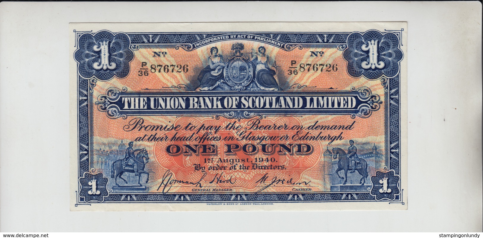 AB197. The Union Bank Of Scotland Ltd £1 Note 1st August 1940 #P/36 876726 FREE UK P+P - 1 Pound