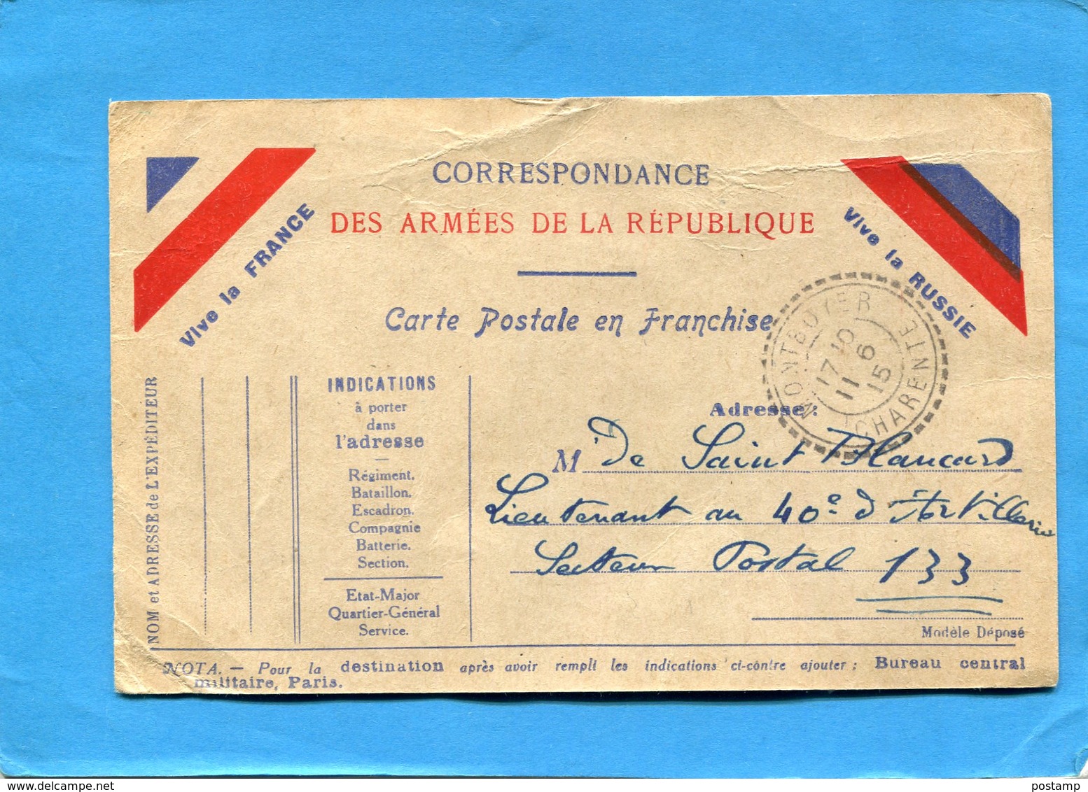 Marcophilie-Guerre 14-18 Carte FM  Mod "vive La Françe-vive La Russie"cad 6-1915 Pour SP 133 - Guerre De 1914-18