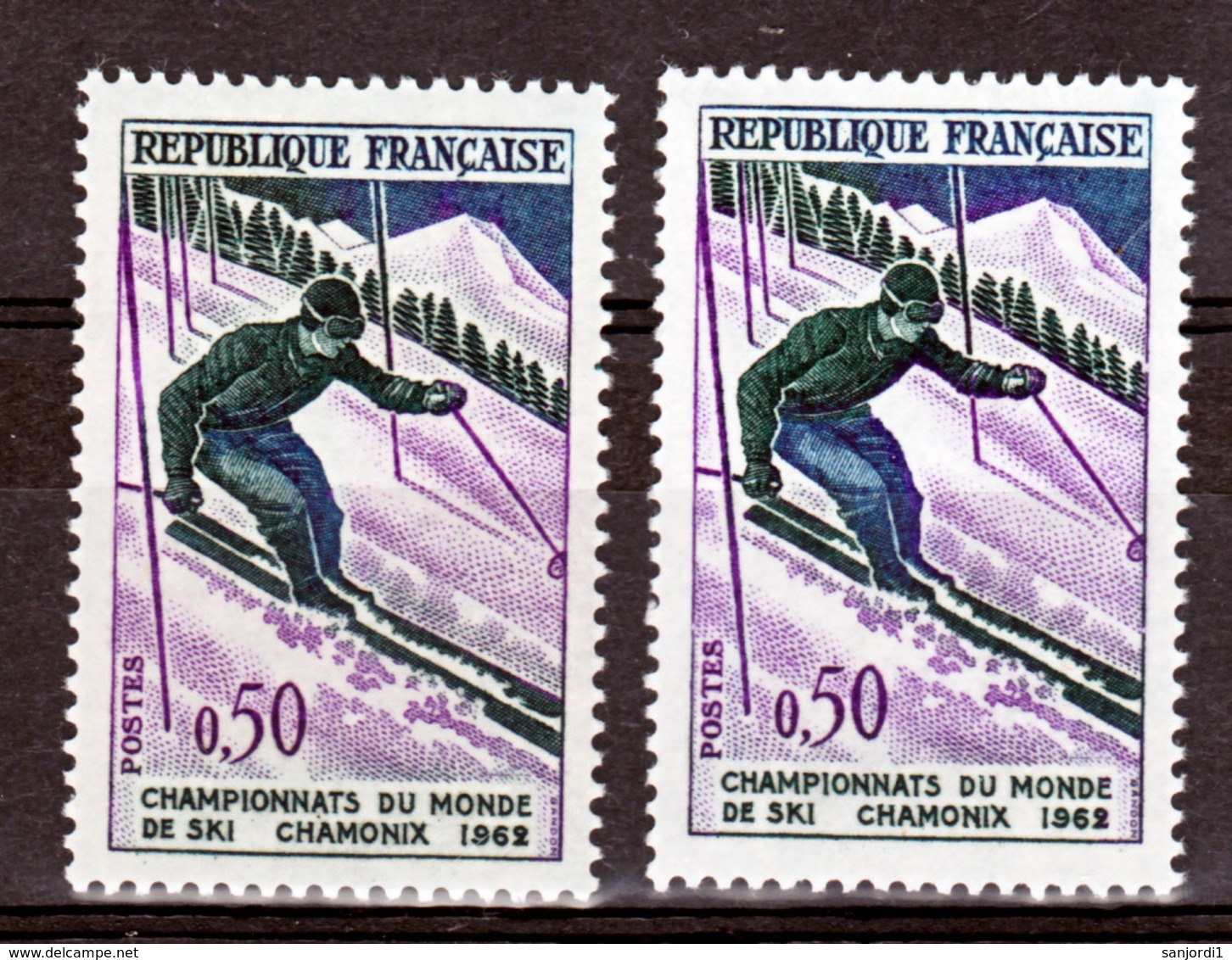 France 1327 Variété Jambe Verte Et Original Skieur Neuf ** TB MNH Sin Charnela - Nuevos