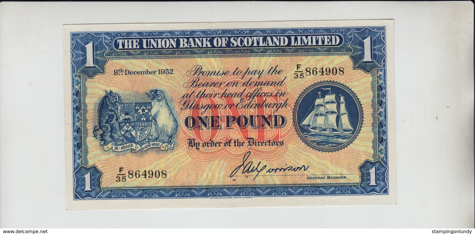 AB208. The Union Bank Of Scotland Ltd £1 Note 8th December 1952 #F/35 864908  FREE UK P+P - 1 Pond