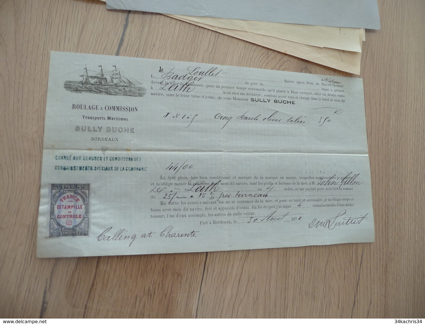 Connaissement Sully Buche  Bordeaux à Leith Olive Salées 30/04/1878 - Transportmiddelen