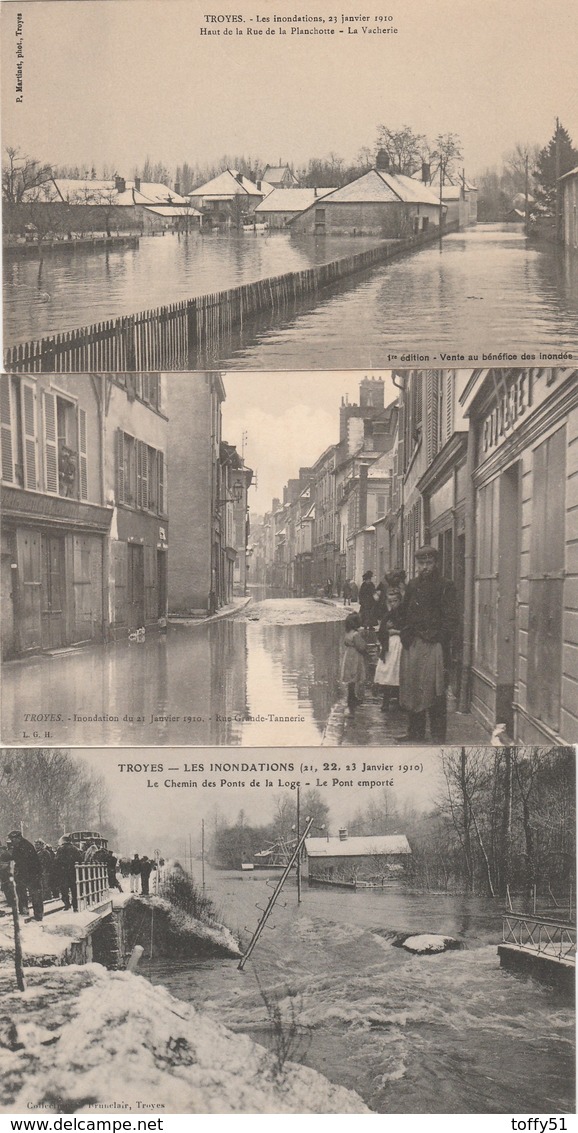 5 CPA:TROYES (10) INONDATIONS RUE BROCARD,CAFÉ DARC INNONDÉ,RUE GRANDE TANNERIE,LA VACHERIE,CHEMIN DES PONTS DE LA LOGE - Troyes