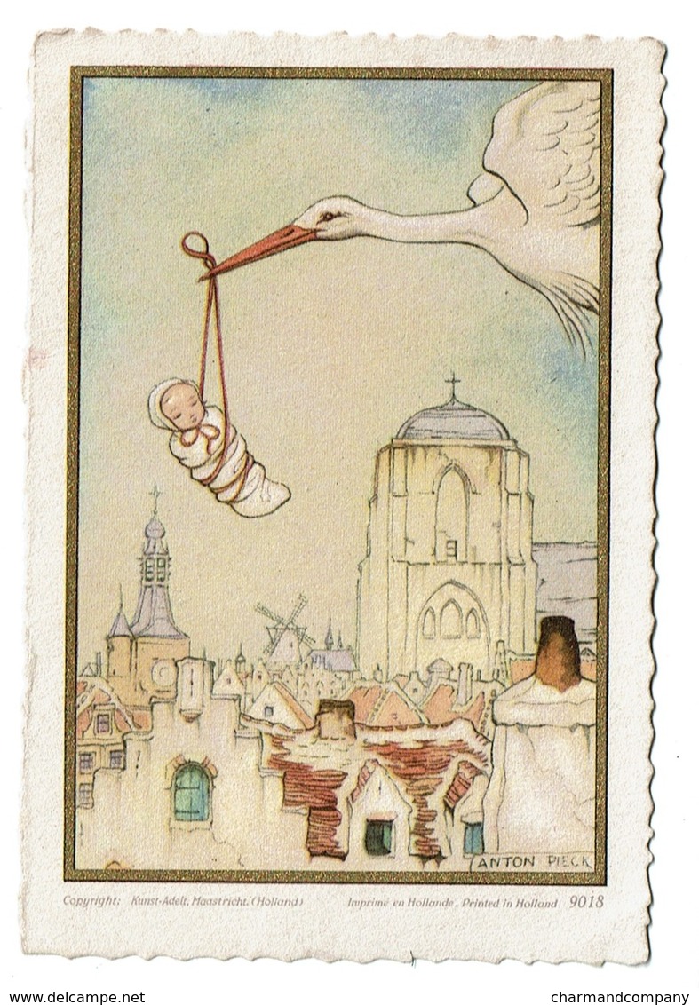 Faire-part De Naissance Illustré Par Anton Pieck  - Cicogne / Bébé - 2 Scans - Naissance & Baptême