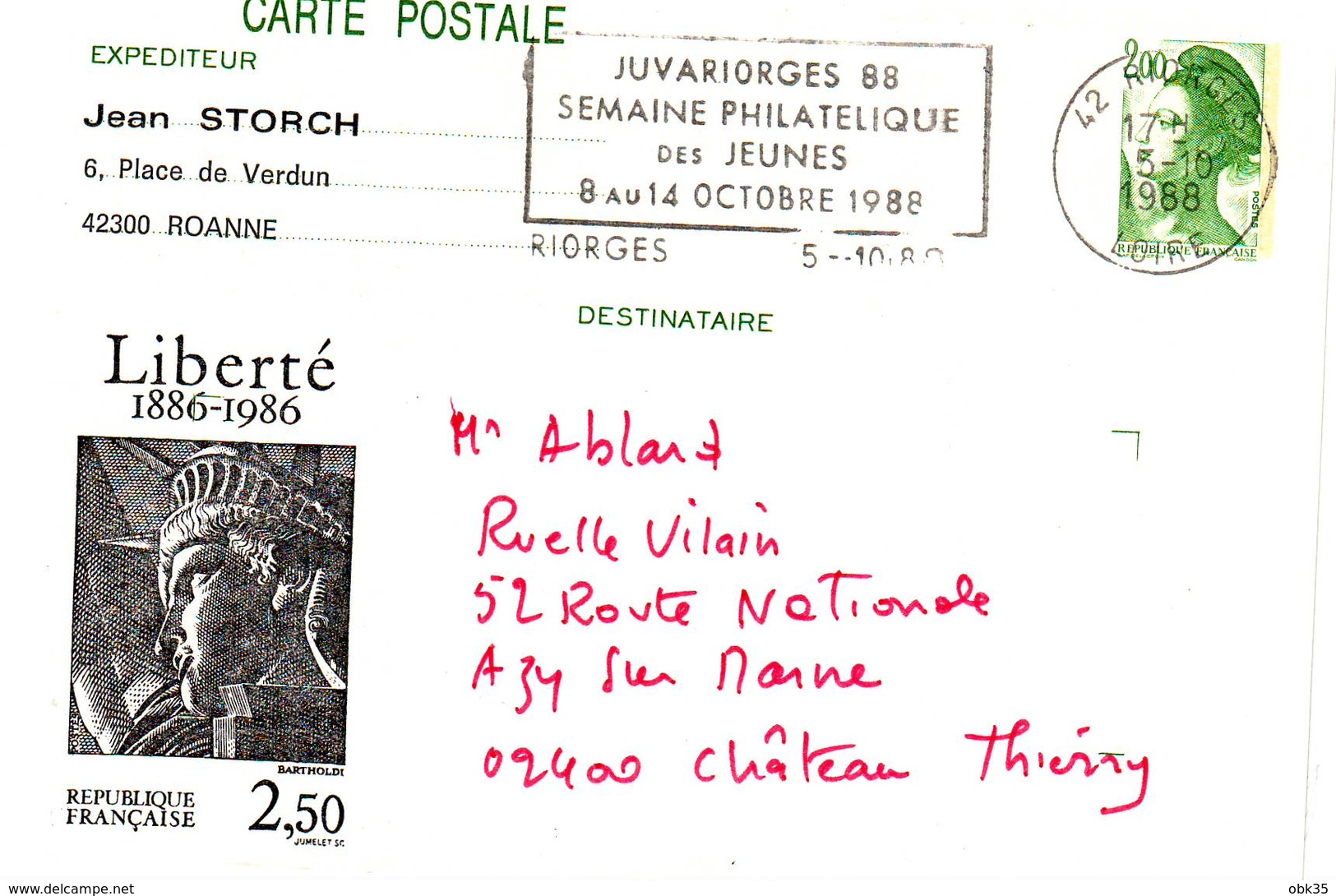 E44. CARTE POSTALE JUVARIORGES SEMAINE PHILATELIQUE DES JEUNES - RIORGES - 1988 - Bijgewerkte Postkaarten  (voor 1995)