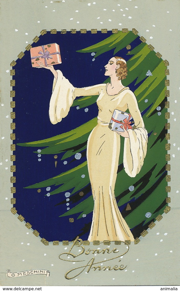 Art Deco Pochoir Meschini Belle Femme Sapin Noel Cadeaux  Ars Nova - Autres & Non Classés