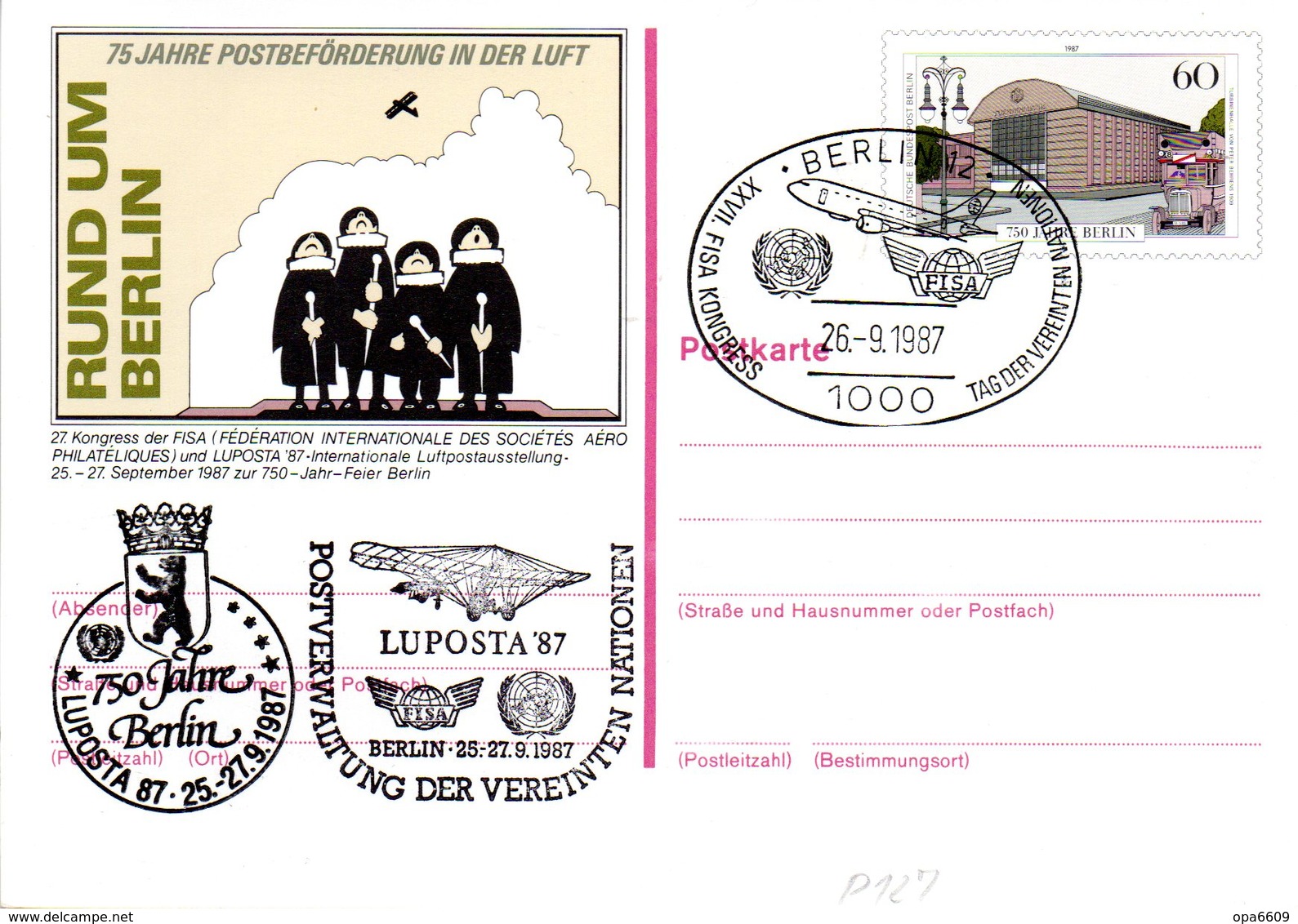 WB Amtliche Ganzsachen-Sonderpostkarte P 127 "LUPOSTA'87" Wst."750 Jahre Berlin" 60(Pf) Mehrfarbig, SSt 26.9.87 BERLIN - Postkaarten - Gebruikt