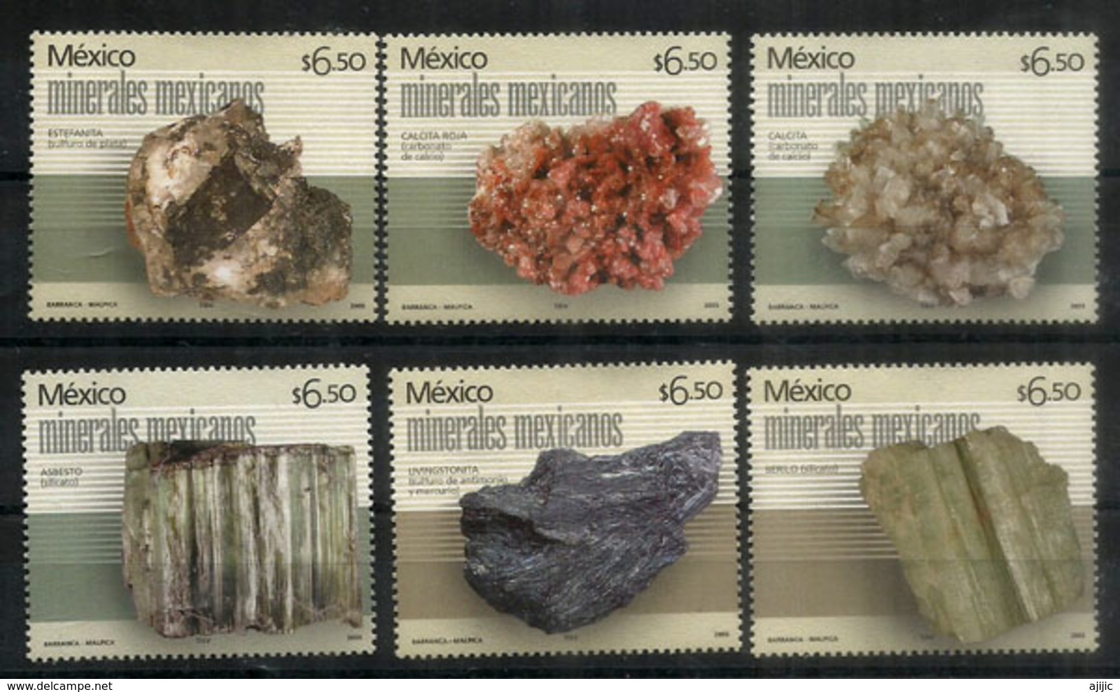 MEXIQUE.Sulfure D'argent,Calcium Carbonate,silicate,Livingstonite,Beryl, Etc. 6 Timbres Neufs ** - Minerals