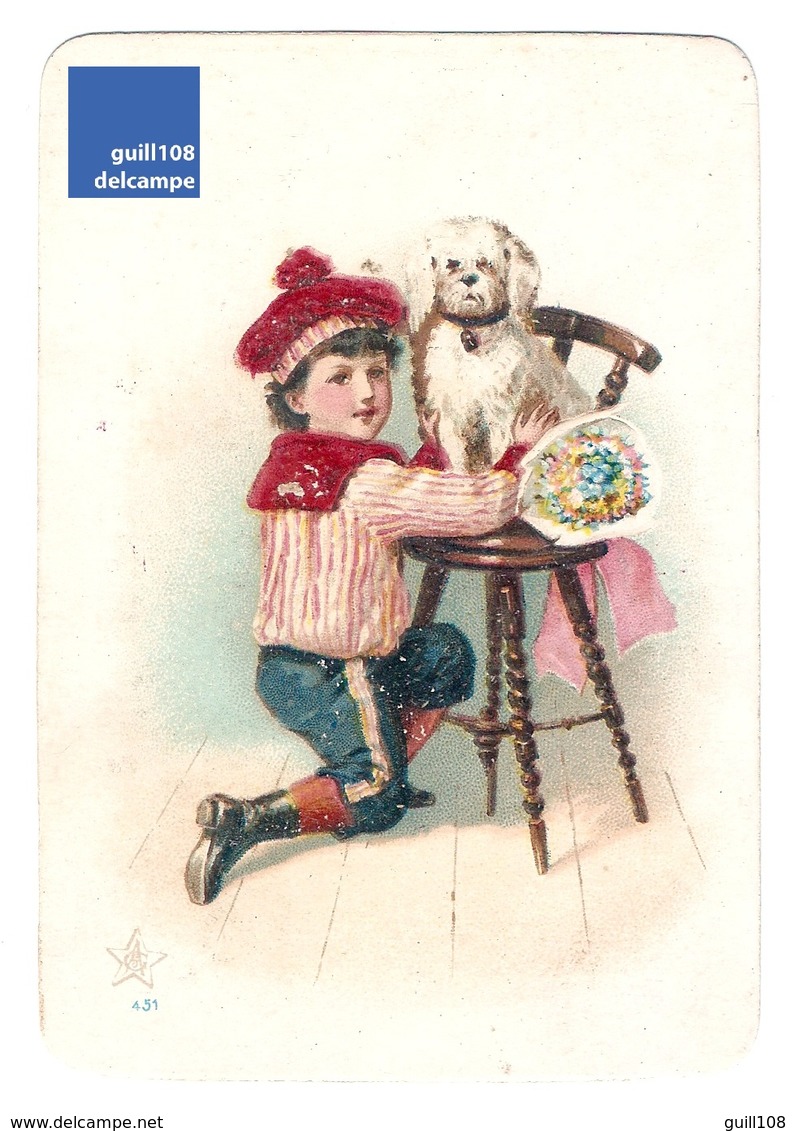 Jolie Chromo Gaufrée Paris Petit Garçon Mode Bouquet Fleurs Chien Victorien Vintage Victorian Trade Card Dog A18-18 - Sonstige & Ohne Zuordnung