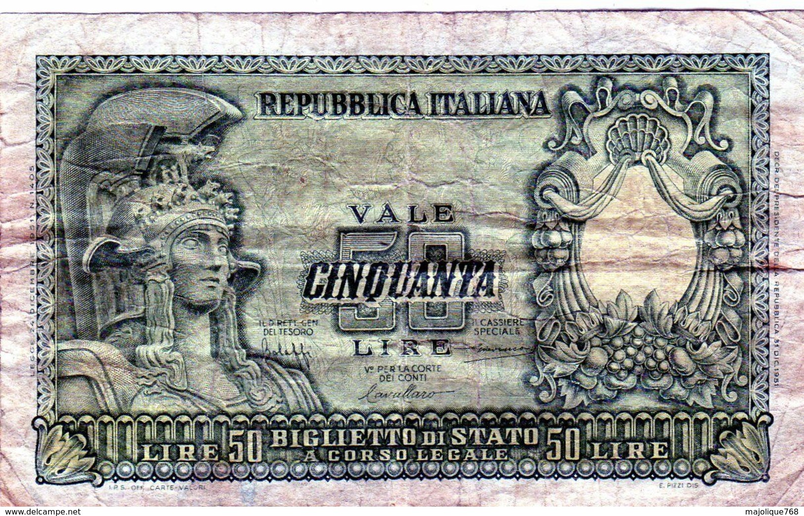 Billet De 50 Lire De La République Italienne Du 31 Décembre 1951 En T B - 50 Lire