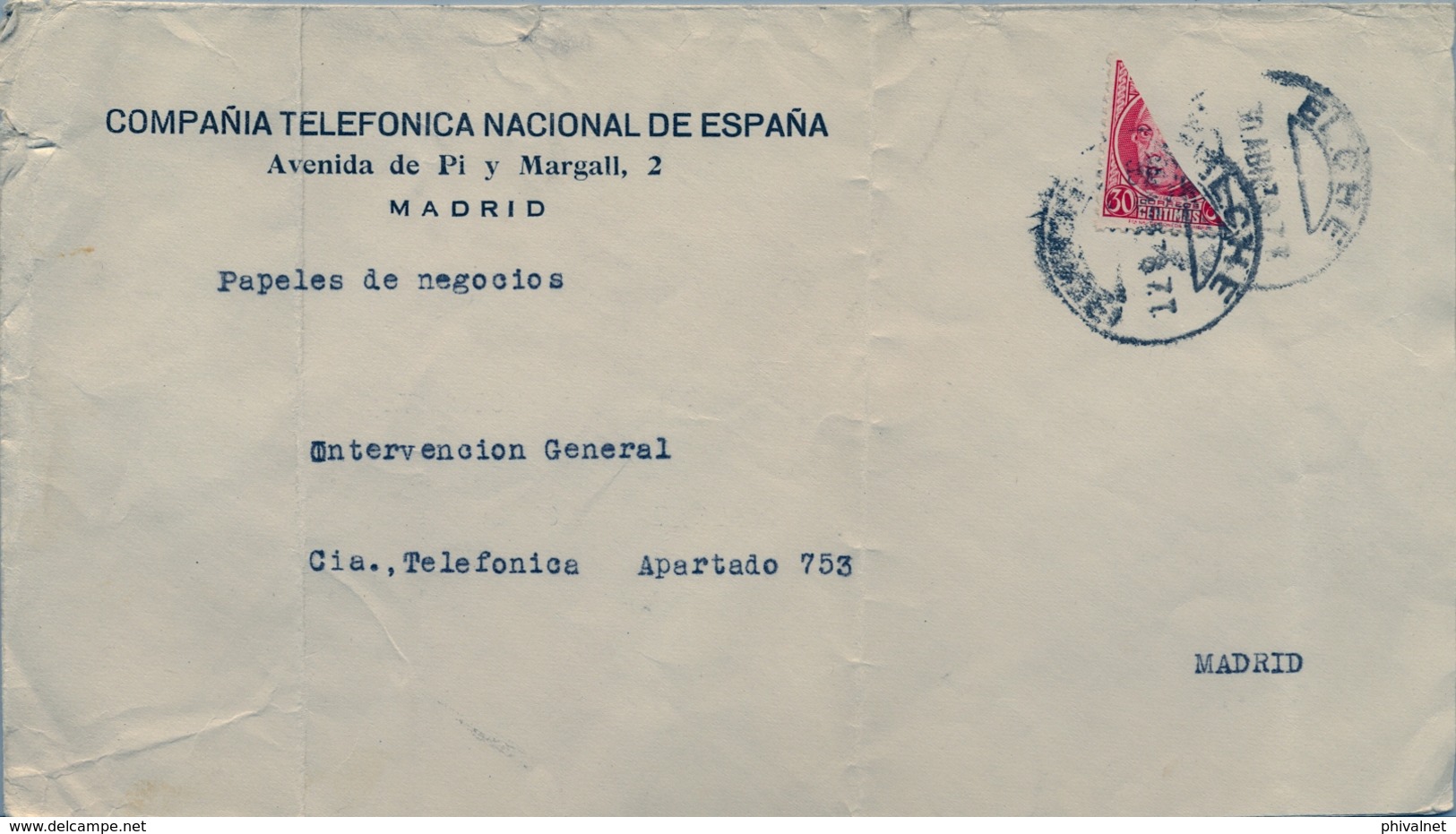 1938 , ALICANTE , ELCHE - MADRID , SOBRE CIRCULADO , FRANQUEO CON BISECTADO , COMPAÑIA TELEFÓNICA NACIONAL DE ESPAÑA - Brieven En Documenten