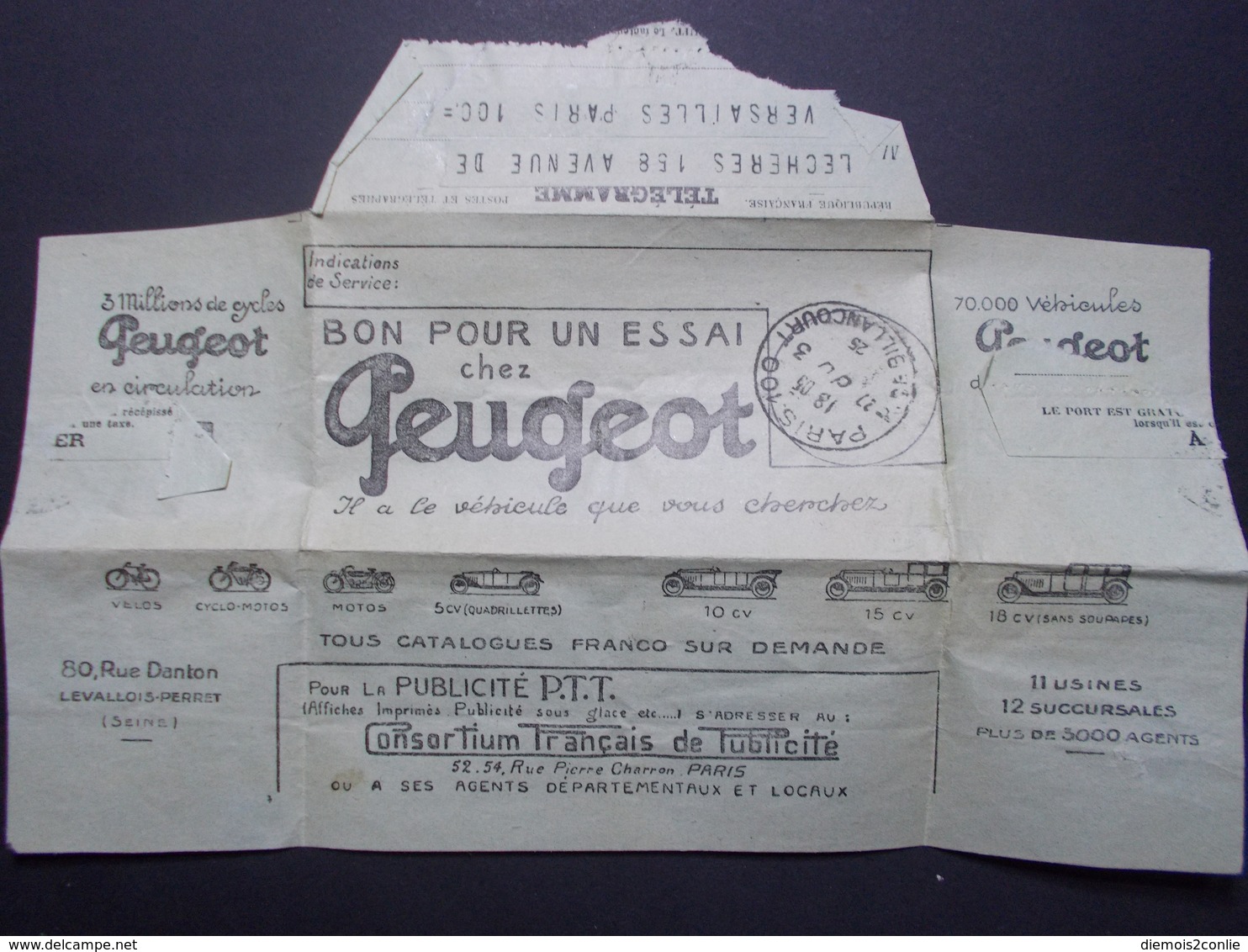 Marcophilie  Cachet Lettre Obliteration - Telegramme + Publicité PEUGEOT - 1925 (2320) - 1921-1960: Période Moderne