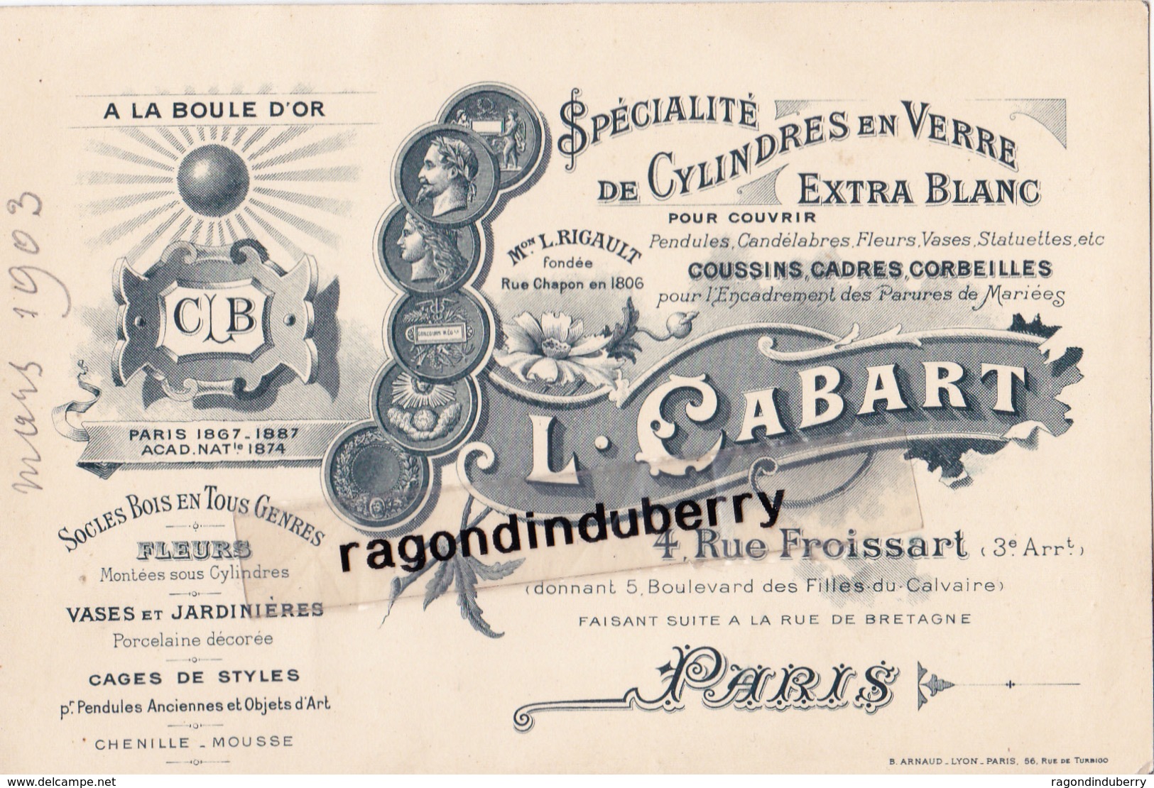 CARTE PUBLICITAIRE - 75 - PARIS (3ème) - L. CABART 4 Rur Froissart SPECIALITE De CYLINDRES En VERRE - RARE - 1903 - Publicité